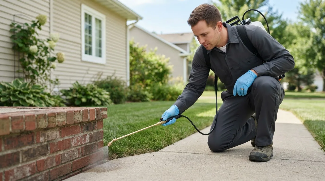 Pest control technician treating a home near Wolflake, IN