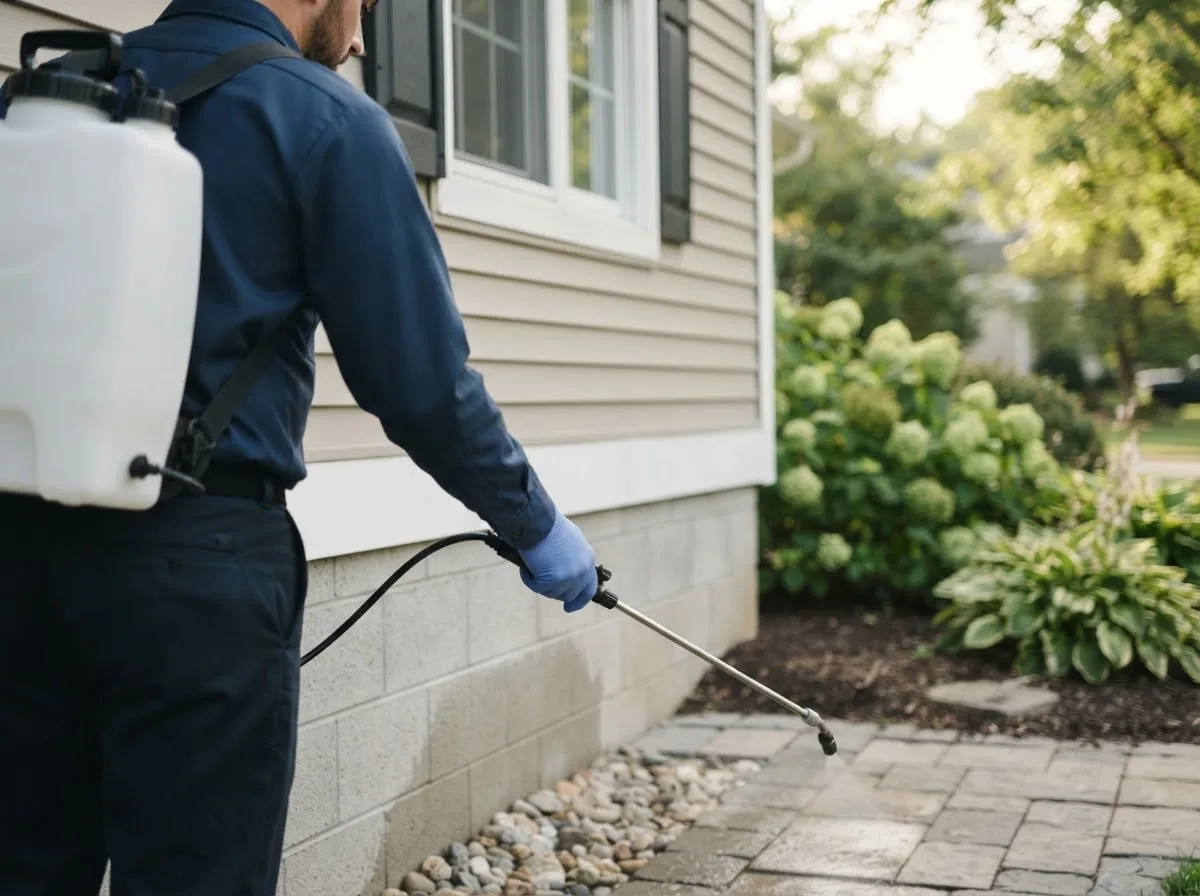 Pest control technician inspecting a home in Wolflake, IN